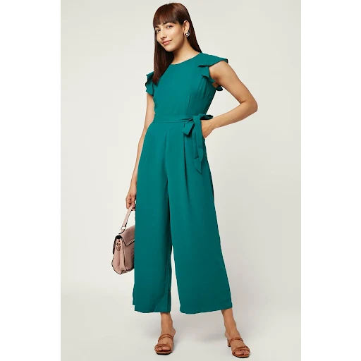Annabelle Dark Green Solid Round Neck Formal Ankle-Length Cap Sleeves Women Regular Fit Jumpsuit